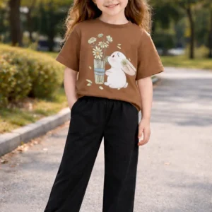 Girls Brown Printed Cotton 2 Piece Dress Set