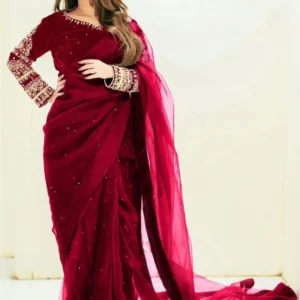 Maroon embroidered chiffon saree with silk blouse and petticoat for women