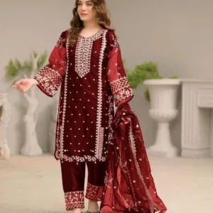 Maroon Embroidered 3-Piece Suit for Women