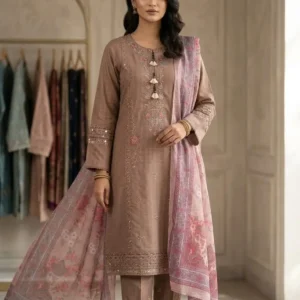 Brown Heavy Embroidered 3 Piece Cotton Suit for Women