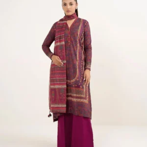 Purple printed linen unstitched 3 piece suit with printed dupatta